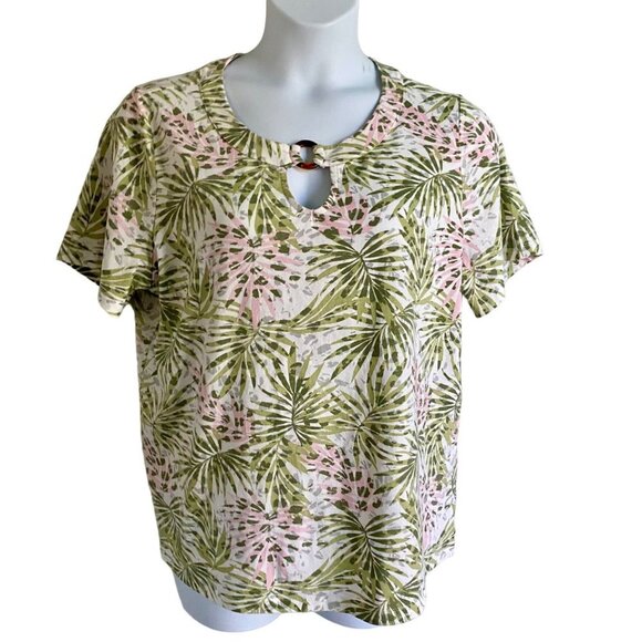 Coral Bay Plus Tropical Print O-Ring Keyhole Short Sleeve Top Women's 1X NEW - Picture 2 of 10